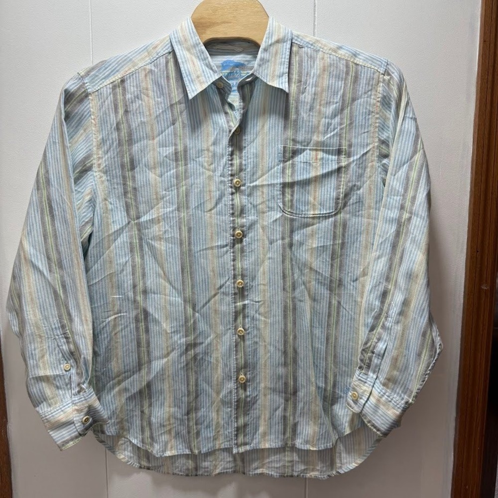 Tommy Bahama Relax Mens XL Blue Striped 100% Linen Long Sleeve Button Down Shirt